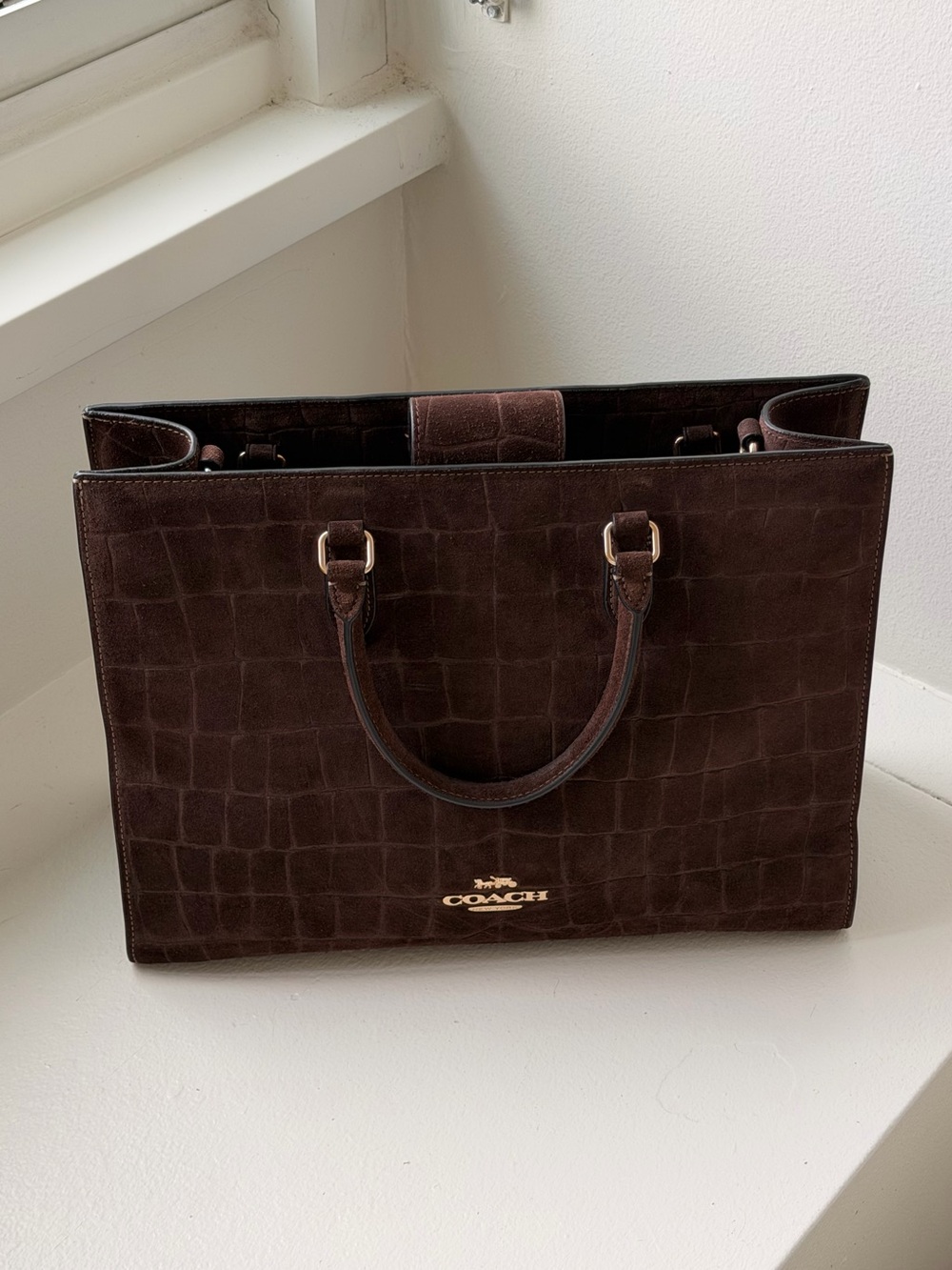 Coach Dark Brown Croc-Embossed Leather Maggie Tote Bag
